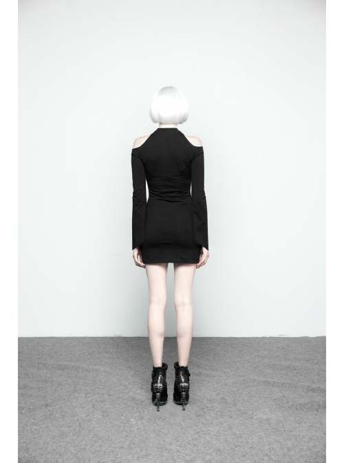 Gothic Female Black Off The Shoulder Moon Printed Slim Fitting Dress