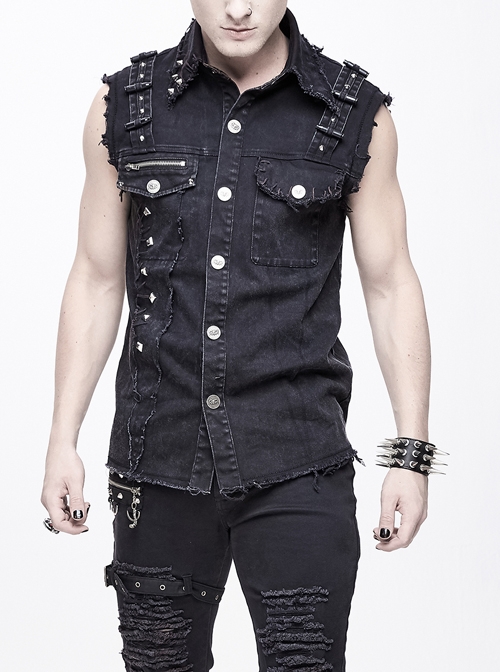 Black Faded Shoulder Bullet Clip Rivet Punk Waistcoat