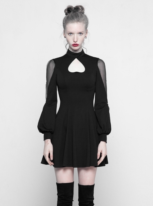 Gothic Black High Neck Inverted Heart Lace Stitching Elastic Dress