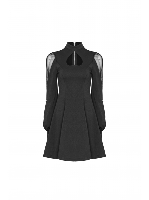 Gothic Black High Neck Inverted Heart Lace Stitching Elastic Dress