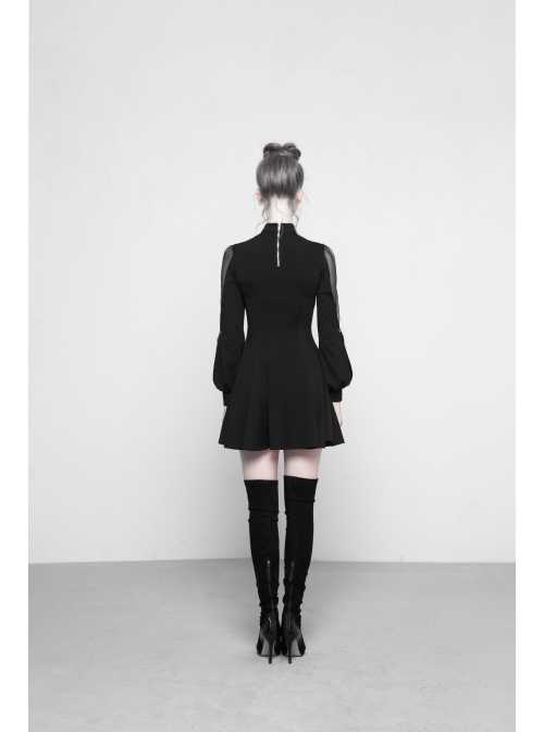 Gothic Black High Neck Inverted Heart Lace Stitching Elastic Dress