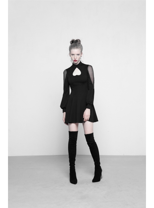 Gothic Black High Neck Inverted Heart Lace Stitching Elastic Dress