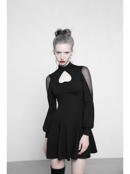 Gothic Black High Neck Inverted Heart Lace Stitching Elastic Dress