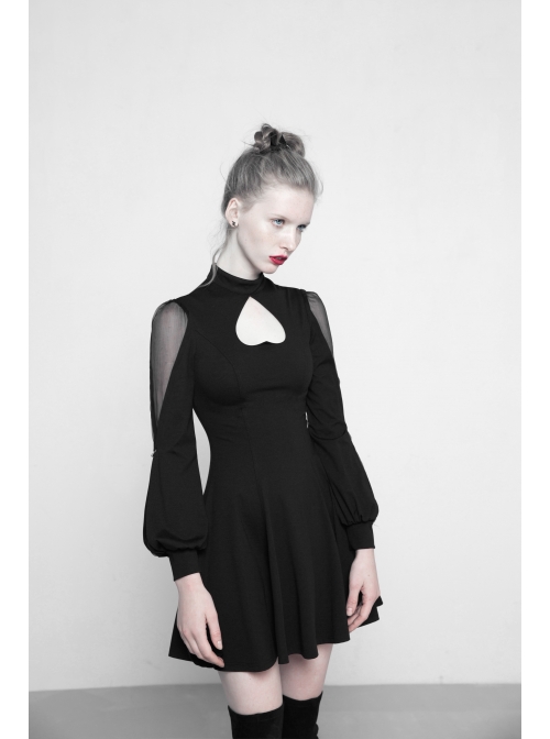 Gothic Black High Neck Inverted Heart Lace Stitching Elastic Dress