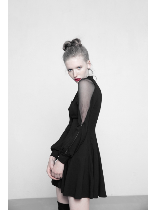 Gothic Black High Neck Inverted Heart Lace Stitching Elastic Dress