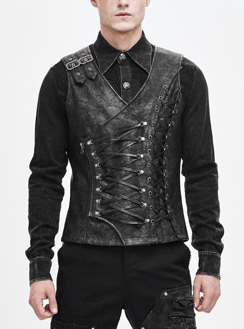 Fog-Flower Shoulder Loop V-Neck Chest Lace Up Gray Punk Waistcoat
