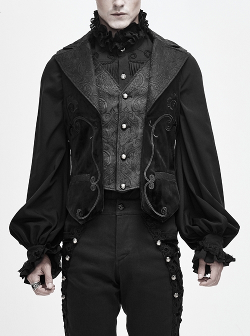Fake Two Piece Leather Embroidered Swallow Tail Hem Black Gothic Waistcoat