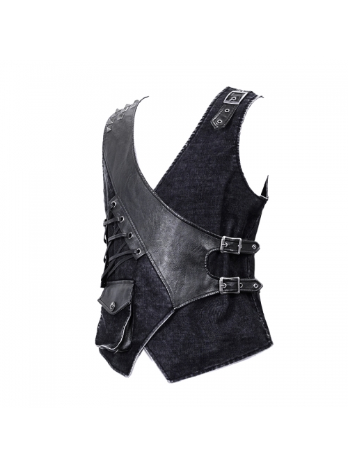V-Neck Asymmetric Lace-Up Leather Loop Shoulder Rivet Black Punk Corduroy Waistcoat