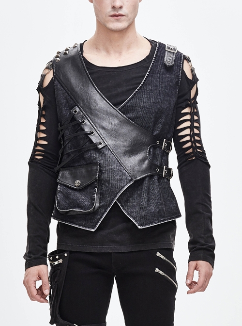 V-Neck Asymmetric Lace-Up Leather Loop Shoulder Rivet Black Punk Corduroy Waistcoat