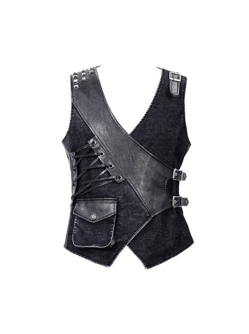 V-Neck Asymmetric Lace-Up Leather Loop Shoulder Rivet Black Punk Corduroy Waistcoat