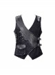 V-Neck Asymmetric Lace-Up Leather Loop Shoulder Rivet Black Punk Corduroy Waistcoat
