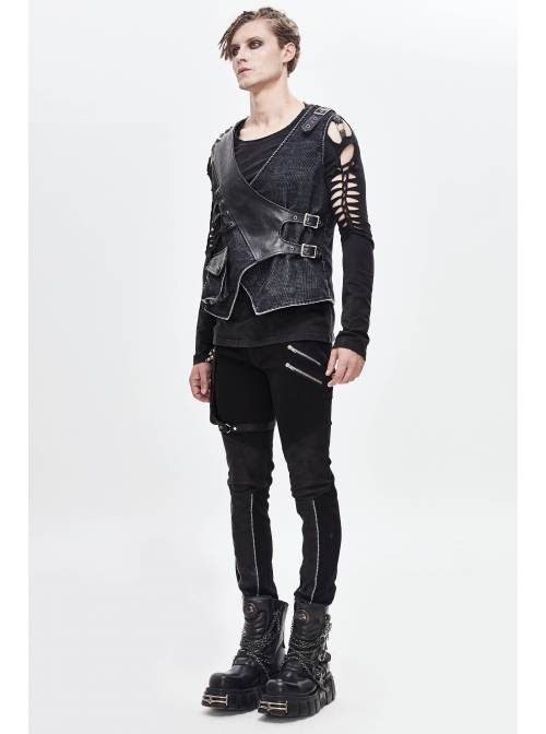 V-Neck Asymmetric Lace-Up Leather Loop Shoulder Rivet Black Punk Corduroy Waistcoat