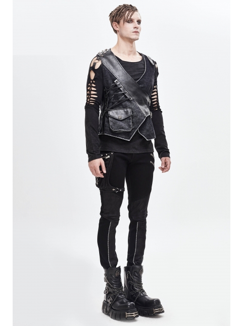 V-Neck Asymmetric Lace-Up Leather Loop Shoulder Rivet Black Punk Corduroy Waistcoat