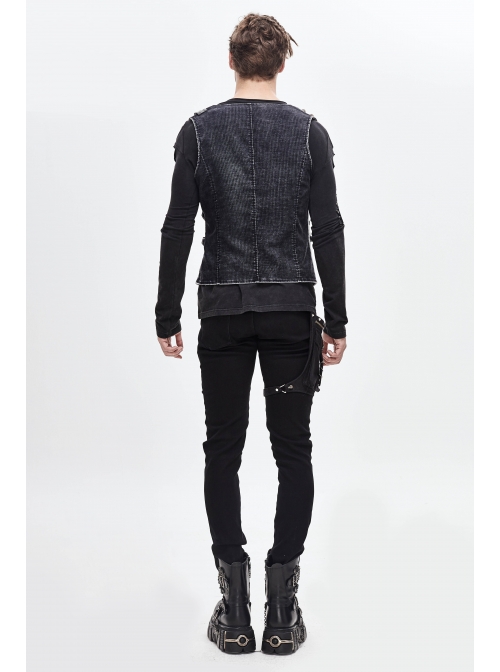V-Neck Asymmetric Lace-Up Leather Loop Shoulder Rivet Black Punk Corduroy Waistcoat