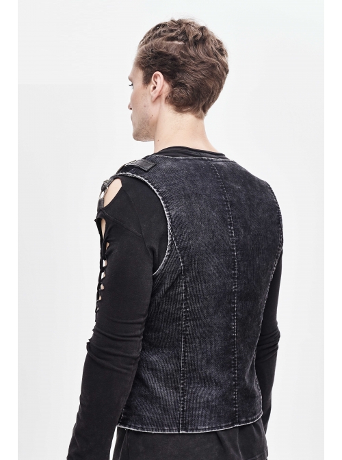 V-Neck Asymmetric Lace-Up Leather Loop Shoulder Rivet Black Punk Corduroy Waistcoat