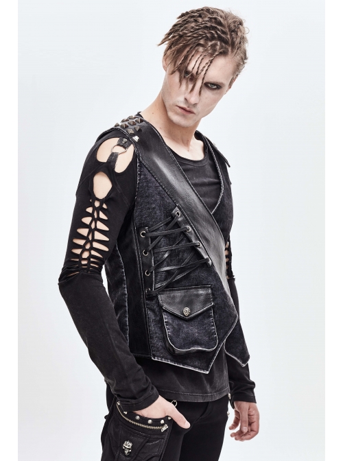 V-Neck Asymmetric Lace-Up Leather Loop Shoulder Rivet Black Punk Corduroy Waistcoat