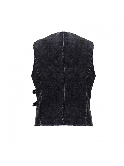 V-Neck Asymmetric Lace-Up Leather Loop Shoulder Rivet Black Punk Corduroy Waistcoat