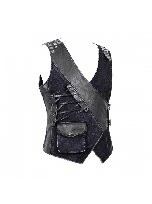 V-Neck Asymmetric Lace-Up Leather Loop Shoulder Rivet Black Punk Corduroy Waistcoat