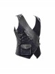 V-Neck Asymmetric Lace-Up Leather Loop Shoulder Rivet Black Punk Corduroy Waistcoat