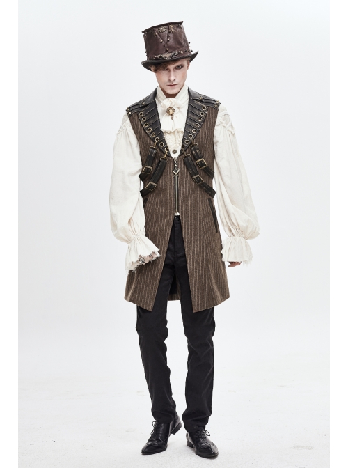 Brown Striped Leather Metal Rivet Collar Lobster Clasp Punk Mid-Length Waistcoat