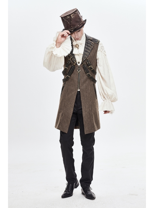 Brown Striped Leather Metal Rivet Collar Lobster Clasp Punk Mid-Length Waistcoat