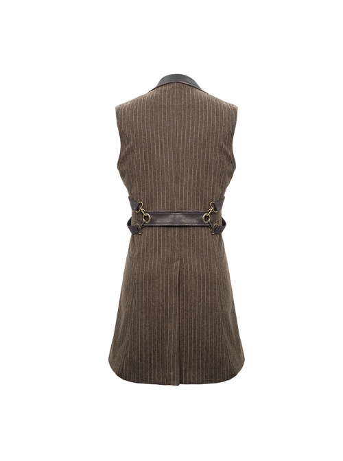 Brown Striped Leather Metal Rivet Collar Lobster Clasp Punk Mid-Length Waistcoat