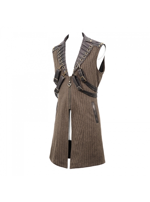 Brown Striped Leather Metal Rivet Collar Lobster Clasp Punk Mid-Length Waistcoat