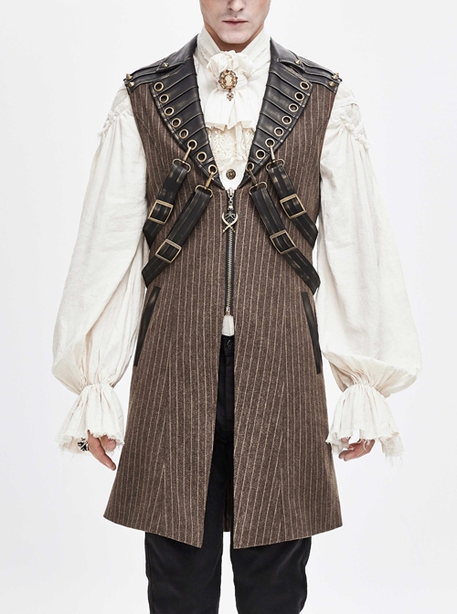 Brown Striped Leather Metal Rivet Collar Lobster Clasp Punk Mid-Length Waistcoat