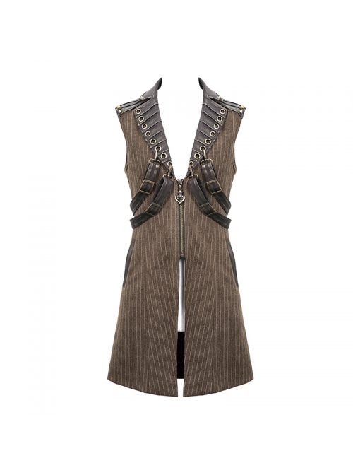 Brown Striped Leather Metal Rivet Collar Lobster Clasp Punk Mid-Length Waistcoat