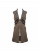 Brown Striped Leather Metal Rivet Collar Lobster Clasp Punk Mid-Length Waistcoat