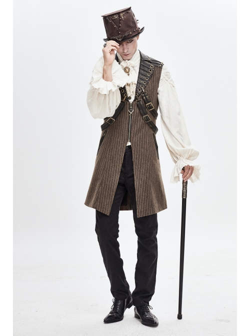 Brown Striped Leather Metal Rivet Collar Lobster Clasp Punk Mid-Length Waistcoat
