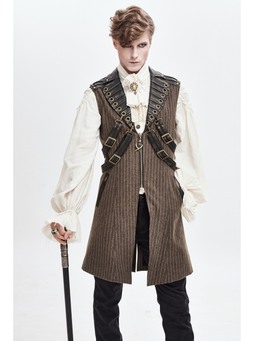 Brown Striped Leather Metal Rivet Collar Lobster Clasp Punk Mid-Length Waistcoat