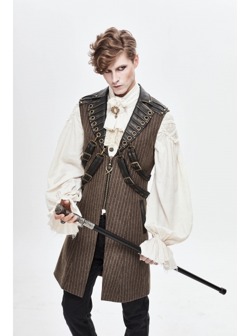 Brown Striped Leather Metal Rivet Collar Lobster Clasp Punk Mid-Length Waistcoat