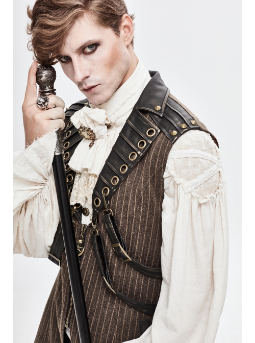 Brown Striped Leather Metal Rivet Collar Lobster Clasp Punk Mid-Length Waistcoat