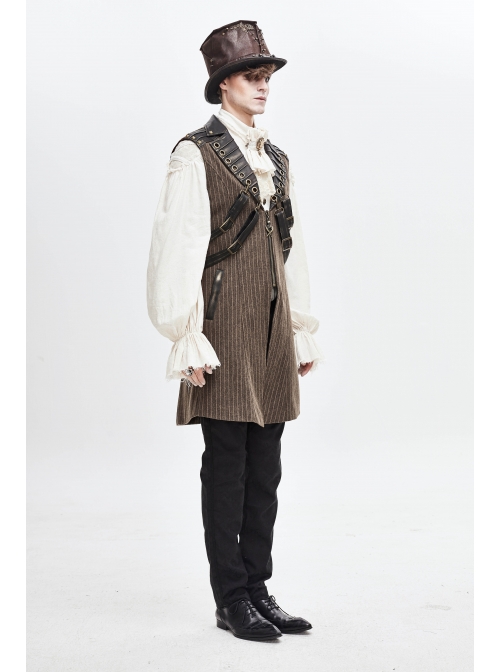 Brown Striped Leather Metal Rivet Collar Lobster Clasp Punk Mid-Length Waistcoat