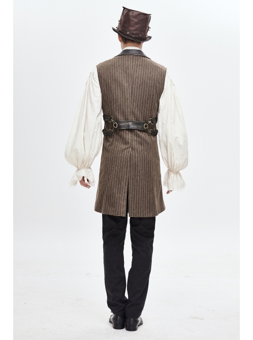 Brown Striped Leather Metal Rivet Collar Lobster Clasp Punk Mid-Length Waistcoat