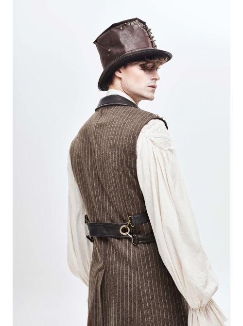 Brown Striped Leather Metal Rivet Collar Lobster Clasp Punk Mid-Length Waistcoat