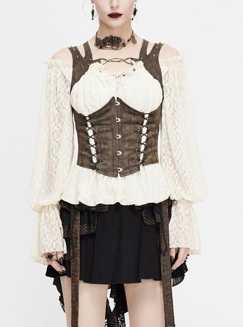 Chest Hollow Steel Buckle Rivet Strap Lace-Up Brown Punk Shapewear Waistcoat