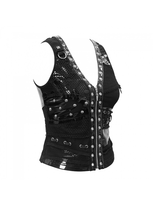 Asymmetrical Design V-Neck Splice Mesh Heavy Metal Black Punk Waistcoat