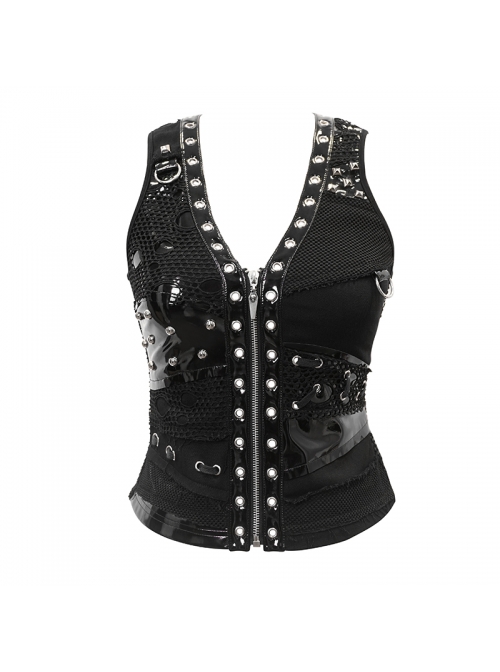 Asymmetrical Design V-Neck Splice Mesh Heavy Metal Black Punk Waistcoat