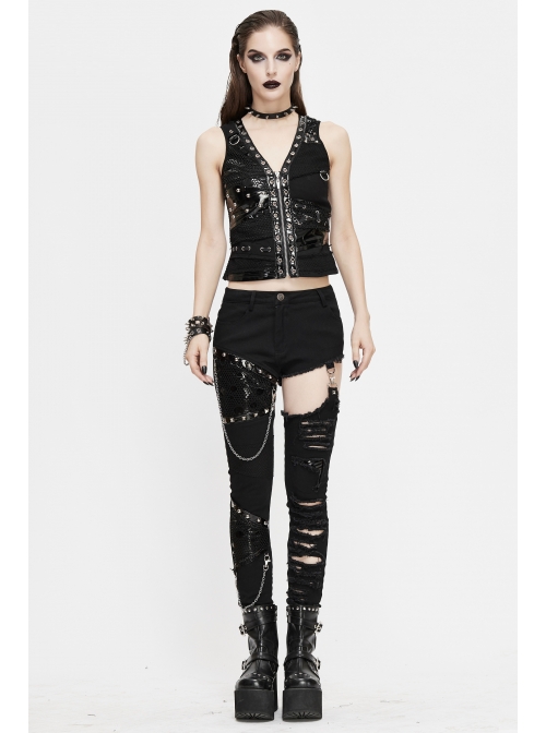 Asymmetrical Design V-Neck Splice Mesh Heavy Metal Black Punk Waistcoat