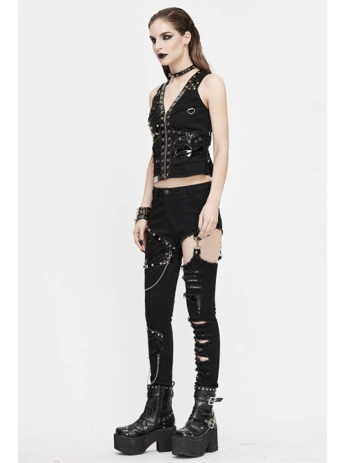 Asymmetrical Design V-Neck Splice Mesh Heavy Metal Black Punk Waistcoat