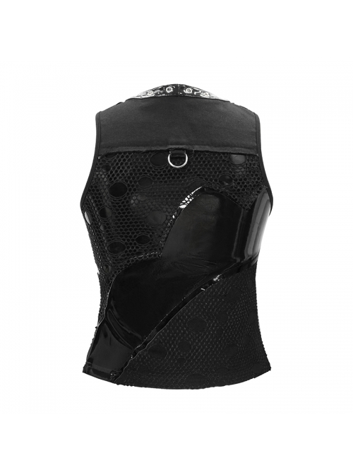 Asymmetrical Design V-Neck Splice Mesh Heavy Metal Black Punk Waistcoat