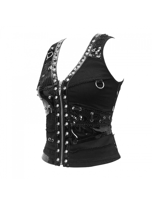Asymmetrical Design V-Neck Splice Mesh Heavy Metal Black Punk Waistcoat