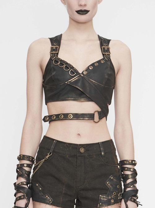 Vintage Hand-Wiped Leather Shoulder Loop Backless Lace-Up Brown Punk Short Waistcoat