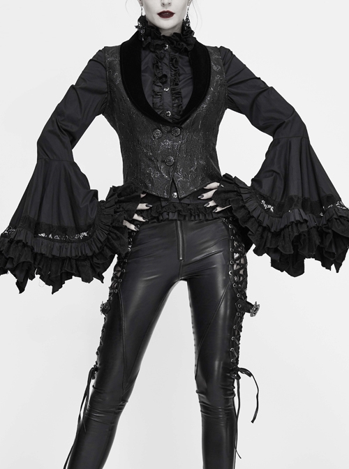 Black 3D Jacquard Low Collar Gothic Velvet Waistcoat