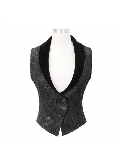 Black 3D Jacquard Low Collar Gothic Velvet Waistcoat