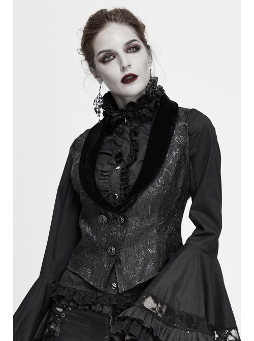 Black 3D Jacquard Low Collar Gothic Velvet Waistcoat