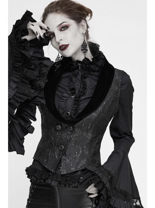 Black 3D Jacquard Low Collar Gothic Velvet Waistcoat