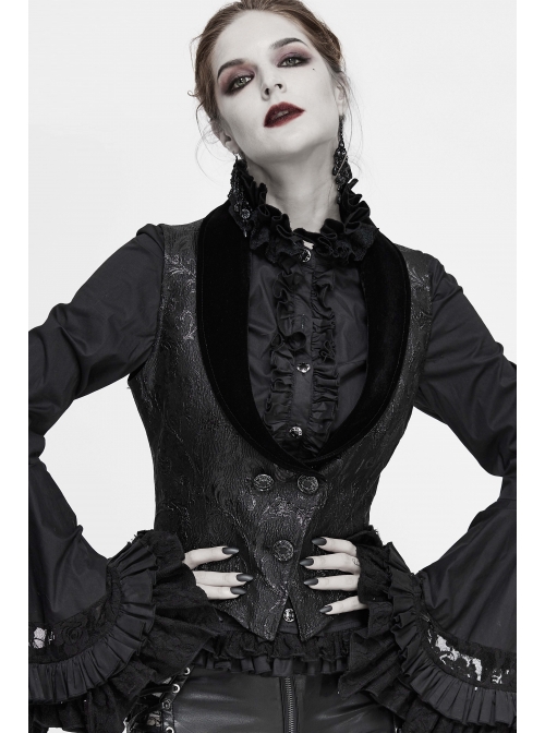 Black 3D Jacquard Low Collar Gothic Velvet Waistcoat